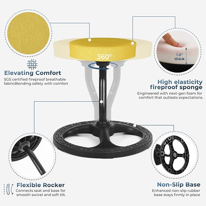 ADHD Chair for Kids, Yoga Chairs for Adults, Wobble Stool Active Flexible Seating Desk Chair with Non-Slip Base and Washable Seat Cover for Stability, Balance, Yoga, Office, School, Classroom