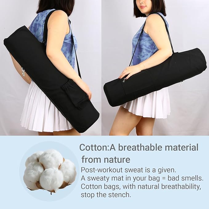 Cotton yoga mat bag with Pockets and Adjustable Strap - Full Zip Cargo Yoga Mat Carrier Bag - Bag for 1/4" 1/3" Thick Yoga Mat