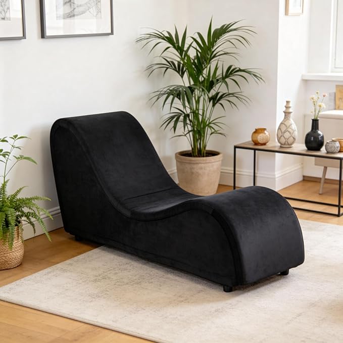 Curved Lounge Bench Chair for, Relaxing, Chaise Chairs with Removable Cover, Metal Frame (Black Velvet)