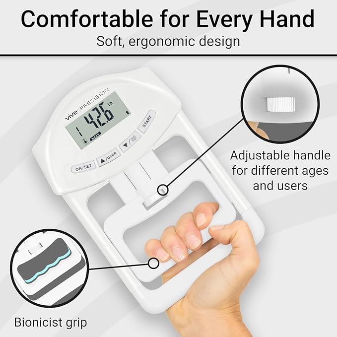 Vive Precision Grip Strength Tester - Hand Grip Dynamometer - Handheld Digital Grip Measurement Meter Device Trainer Power 198 Lbs / 90 Kgs - Strengthener Exerciser for Sports, School and Home Use