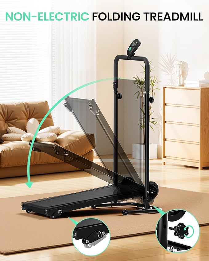 FUNRAY Manual Treadmill Non-Electric - Dual Flywheel & Fixed Incline, Compact Foldable Design for Small Home/Gym, LCD Monitor, Non-Slip Belt & Soft Foam Grips for Walking Jogging