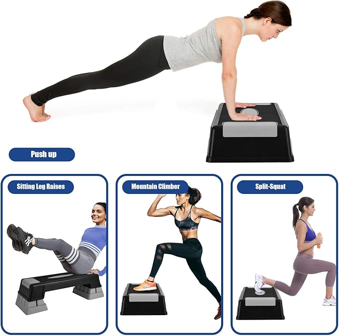 Happytools 28'' Aerobic Stepper, 5’’ 7’’ 9’’ Levels Height Adjustable Fitness Step Trainer, Exercise Step Platform w/Risers & Non-Slip Foot Pads for Home Gym Cardio Strength Training