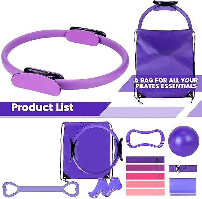 All-in-One Pilates Kit for Women: 13-Piece Home Pilates Equipment Set with Pilates Ring and Pilates Ball, Pilates at Home Workout Essentials for Beginners, Full Body Toning and Stretching