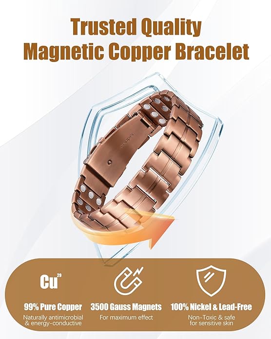 3X Strength Magnetic Copper Bracelet for Men - 99.9% Pure Copper Bracelet & Ring Set - Premium Fold-Over Clasp and Adjustable Length Sizing Tool & Jewelry Box