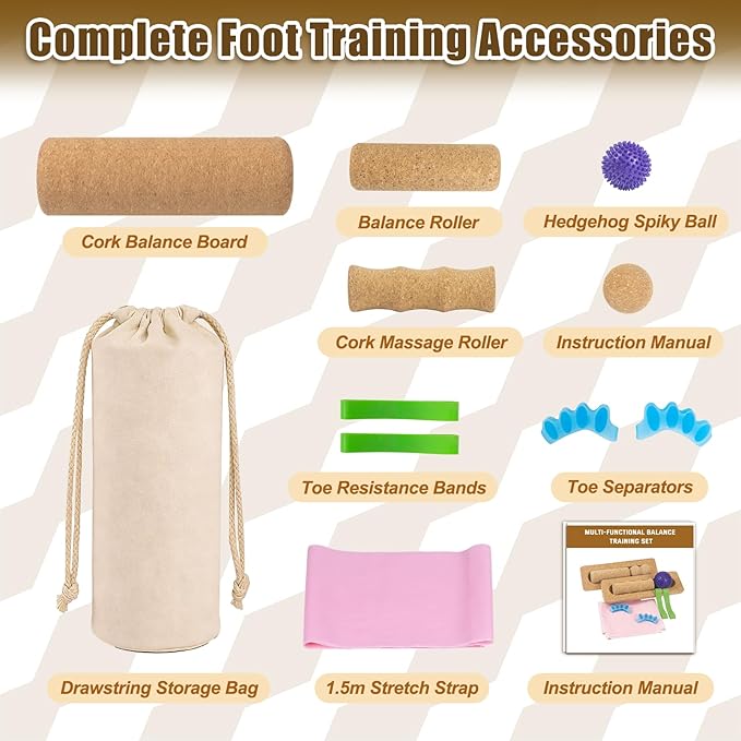 Cork Balance Board for Adults, Foot & Ankle Strengthener Balance Trainer with Cork Roller, Spiky Massage Ball, Toe Correctors & Stretch Strap, Foot Balance Board Set for Mobility, Stability & Functional Training