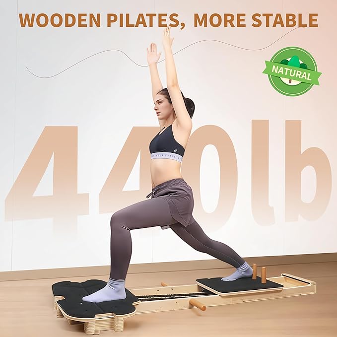 Pilates Reformer Machine,Wooden Foldable Pilates Board, Multifunctional Stable Pilates Reformer Board for Home Workout, Three Level Tension Adjustment, 6 in 1 Pilates Equipment for Woman