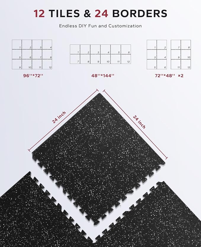 HAPBEAR 0.56'' Thick 12 Pcs 48 Sq Ft Exercise Equipment Mats - High-Density Rubber Top EVA Foam Interlocking Mats, 24x24in Tiles, Heavy-Duty Treadmill Mat for Hardwood Floors, Home Gym Mat