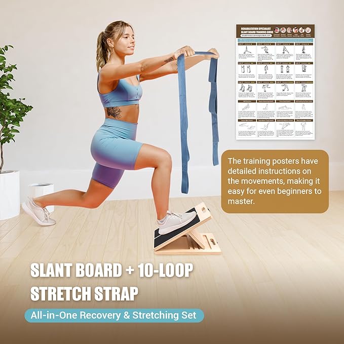 Slant Board for Calf Stretching, Adjustable Wooden Calf Stretch Board with Stretch Strap & Training Poster, 300 Lbs Weight Capacity Velour Board for Calf Ankle Achilles Physical Therapy Leg Exercisers