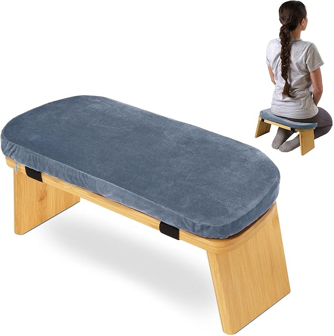 Meditation Bench Kneeling Stool Chair Wooden Prayer Bench Meditation Stool, Gray Blue