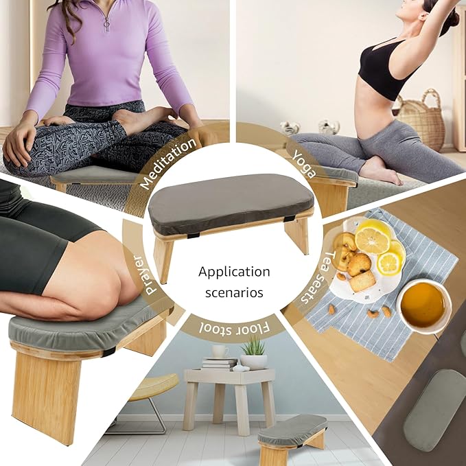 Folding Meditation Bench, Bamboo Kneeling Stool with Cushion, Portable Meditation Chair, Yoga Stool, Yoga Bench, Zen Practice, Comfortable Kneeling Chair, 16.9x7.5x7.1in (Grey)