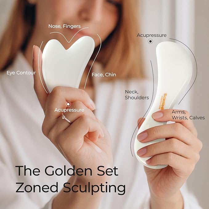 Scienlodic 2 Pcs Gua Sha Massage Tools for Face & Body (White, Resin) - Guasha Scraping Tool for Jawline Contouring, Puffiness Reduction, Neck, Shoulders, Arms & Calves Relaxation