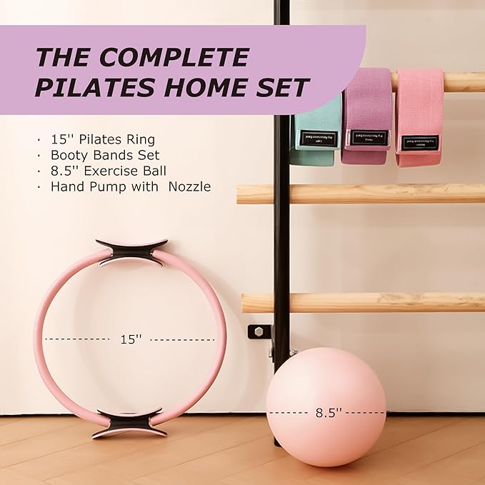 Pilates Ring Set, 15" Pilates Ring, Mini Ball, 3 Resistance Bands & Pump Kit, Home Workout Kit for Toning Arms, Thighs & Core