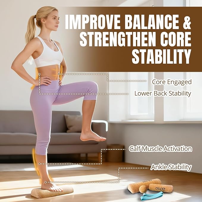 Natural Cork Balance Board Kit, 4-in-1 Foot & Ankle Strengthener – 2 Half-Cylinder Boards, Massage Roller & Ball, Toe Resistance Bands, Carry Bag & Guide for Mobility & Physical Therapy