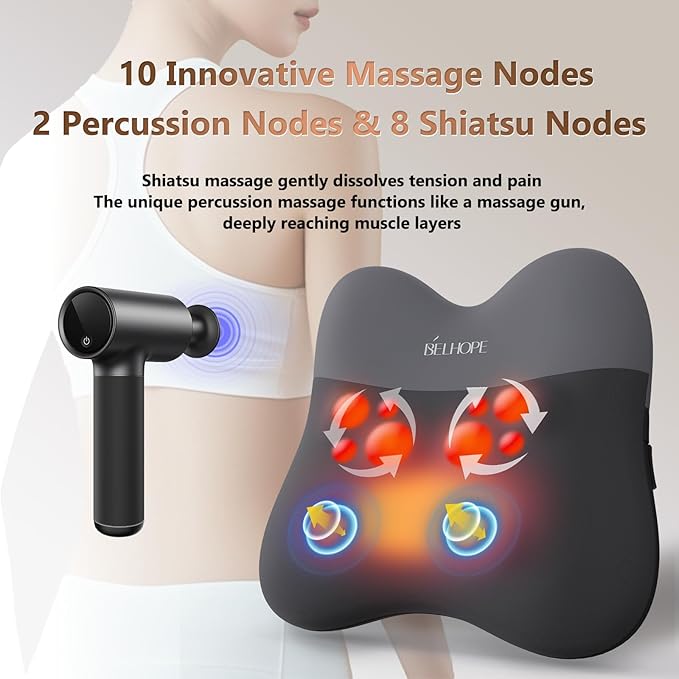 belhope Back Massager with Heat, Cordless Back Massage for Pain Relief Deep Tissue, 4D Shiatsu and Percussion Massage, Lower Back Massager for Office Chair, Mother's Day Gifts for Women Men, Grey