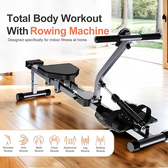 Home Folding Rowing Machine,Hydraulic Rowing Machine,Dual Tracks for Quieter,300LBS Weight Capacity with 12 Levels of Adjustable Resistance,LCD Display for Real-time Recording for Indoor Fitness