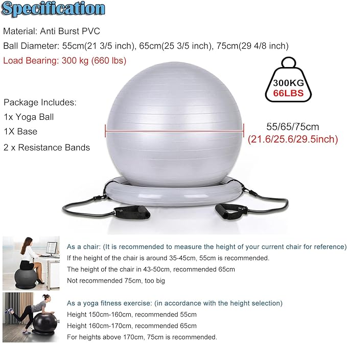 Backless Balance Ball Chair Exercise Stability, 21 25 29 Inch Pregnancy Labor Medicine Ball Chair for Home Gym Office, Gray Exercise Ball Kit with Base & Bands(Diameter 65cm(25 3/5 inch))