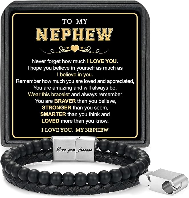 LUXEJEW Gifts for Men - Beaded Leather Bracelet 6mm Matte Agate Stone Bracelets for Men Dad Son Husband Boyfriend Grandpa Grandson Brother Uncle Nephew Adjustable Magnetic Clasp