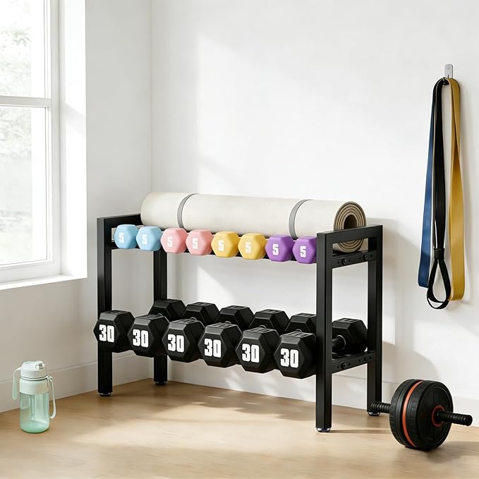 32 IN Dumbbell Rack 2 Tier Adjustable Kettlebell Storage Shelf Heavy-Duty 500LB Space-Saving Weights Stand for Home Gym(Rack Only)