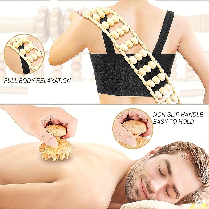 6-in-1 Wood Therapy Massage Tools with a Poly Bag – Lymphatic Drainage Massage Tools for Body Sculpting, Anti-Cellulite & Muscle Relaxation – Wooden Maderoterapia Kit for Face & Body Care