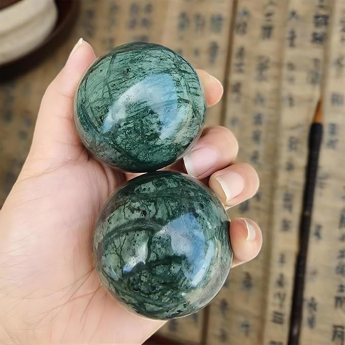 Traditional Chinese Baoding Balls, Marble Health Exercise Stress Relief Balls with an Upgraded Shockproof Imitation Wood Box, Dark Green, 2-Piece Set, Medium-1.57"