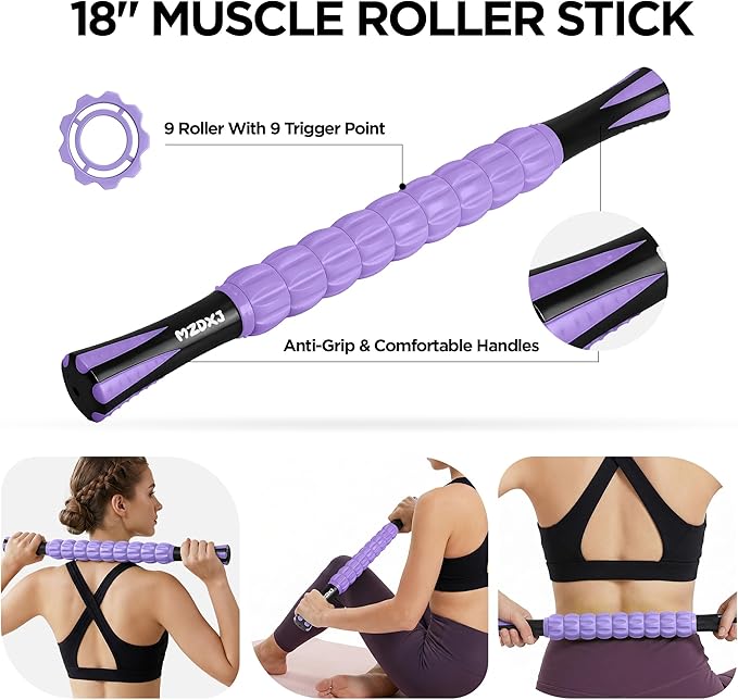 Muscle Roller & Massage Roller Stick for Athletes - Lymphatic Drainage Support, Relieves Muscle Soreness, Cramping & Tightness - Targets Legs, Arms, Back & Calves （Purple - 18inch）