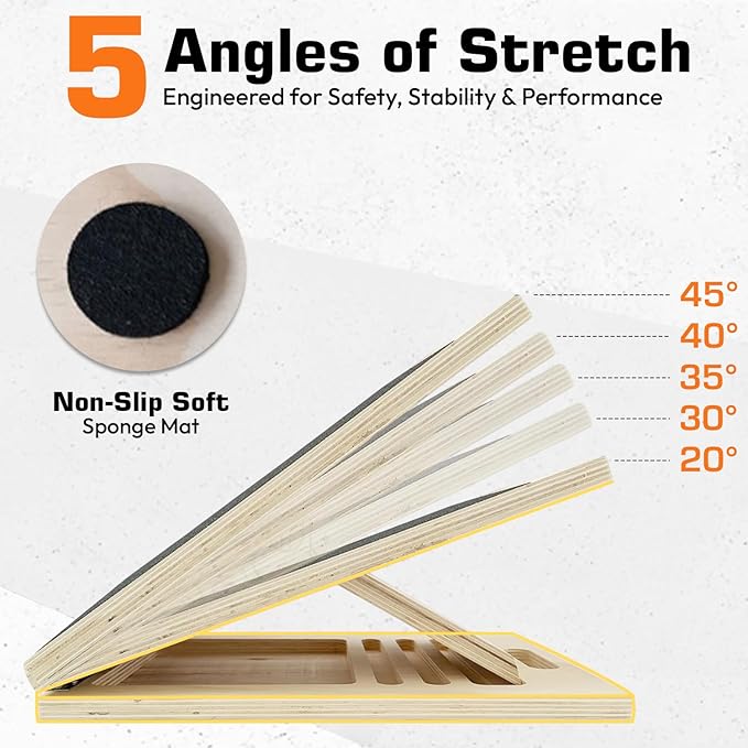 Adjustable Wooden Slant Board for Calf Stretching – Incline Wedge for Ankle,Heel,Knee & Leg Pain Relief – Squat Equipment for Physical Therapy & Home Gym-2 Extra Sand Papers,Carry Bag & Mini Loop Band