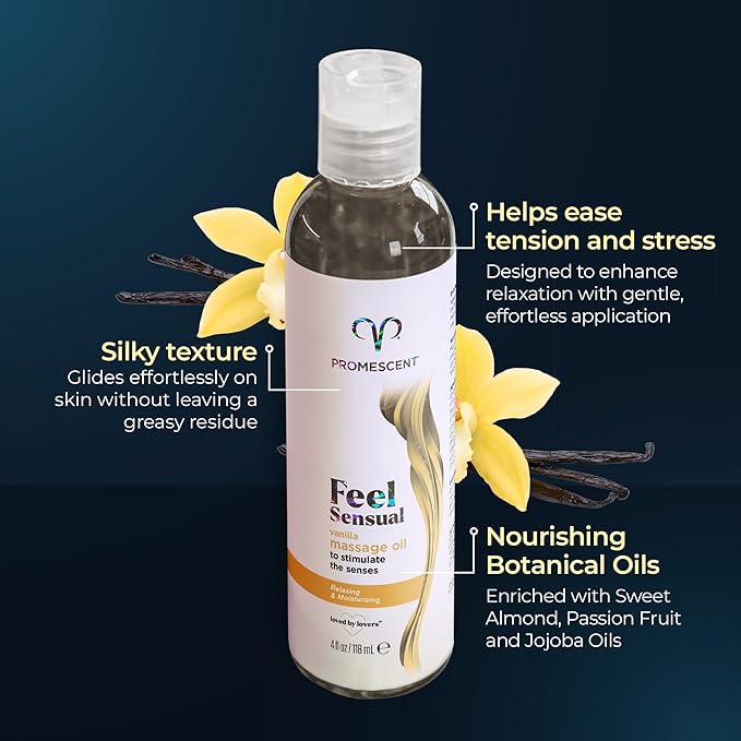 Promescent Massage Oil for Massage Therapy, Massage Oils for Date Night, Premium Body Oil for Men & Women to Relieve Stress & Sore Muscles, Essential Oils for Skin (4 oz) (Vanilla)