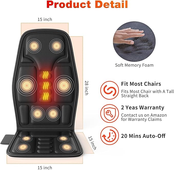 SLOTHMORE Back Massager for Chair with Heat, Chair Massager Pad for Recliner with 8 Vibration, Seat Cushion for Seniors, Office Workers & Family, Fatigue & Pain Relief in Office, Home & Travel