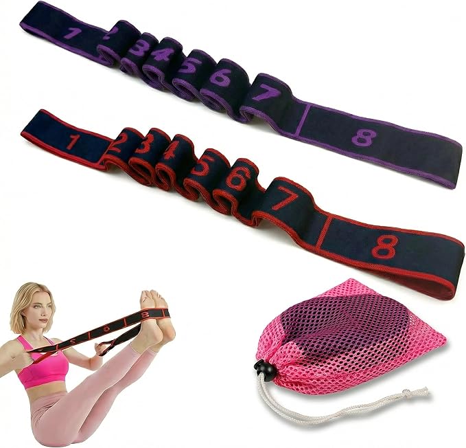 2 Pcs Fitness Resistance Band for Stretching and Yoga, Numbered Resistance Band with Loops & Breathable Mesh Bag, 8 Segment Elastic Strap for Pilates, Dance & Physical Therapy