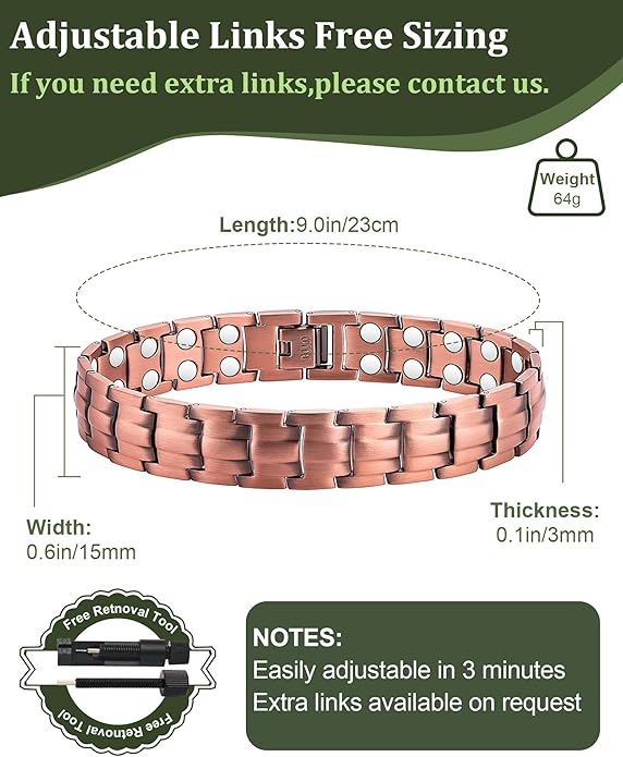 Copper Magnetic Bracelet for Men, 2X Strength 99.99% Pure Copper Bracelet with Powerful Magnets and Sizing Tool