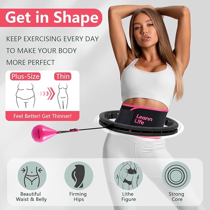 U2 Black-32 Knots 19”- 65”, Detachable & Size Adjustable Weighted Hula Hoop for Kids Adults Weight Loss, Infinity Hoop Plus Size, Abdominal Toner,5 Color Balls, Free Waist Trimmer&Wash Bag