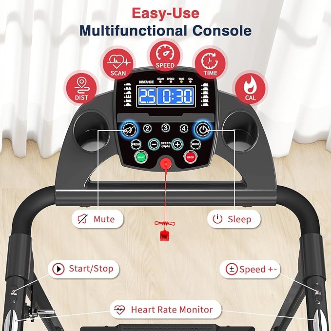 Redliro Walking Treadmill for Seniors - Foldable Senior Treadmill with 0%-2% Incline, Long Handrails - 300 lbs Capacity Home Recovery Fitness Exercise Machine for Elder, Mute & Qucik Speed Button