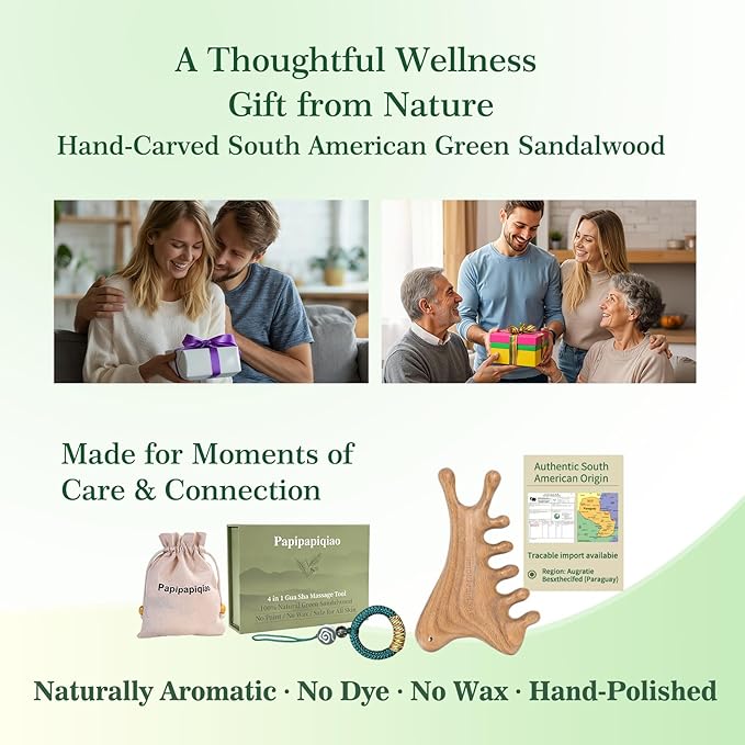 Gua Sha Tool for Face &Body,Gua Sha Sculpting Tool,Wooden Gua Sha Tool Face, Jawline Shaper Lymphatic Drainage Brush,Scalp Massage Tool&Head Scratcher,Face massager,Natural Green SandalWood