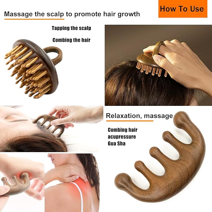 3 Pack Wooden Scalp Massager, Sandalwood Manual Head Massager Comb for Hair Growth, Wooden Gua Sha Tool for Body&Face, Wood Massager for Eye