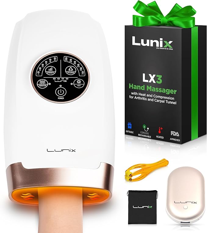 Lunix LX3 FSA Carpal Tunnel & Wrist Pain Relief Device, Heated Air Compression Hand Massager Machine for Arthritis & Finger Numbness, Cordless, Lunar White