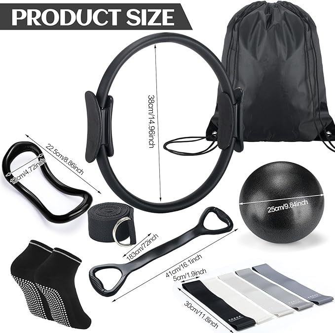 Pilates Ring Circle Set 18 Pcs Exercise Equipment Accessories for Women Workouts Pilates Ball Stretching Strap Magic Circle Yoga Ring Gym Back Bag Resistance Band Anti Slip Socks