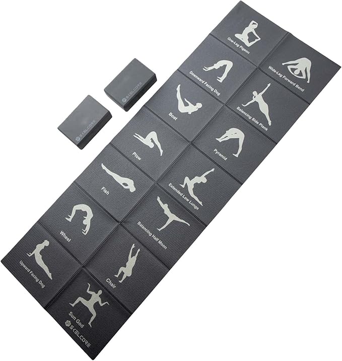 Skelcore Yoga Mat and Blocks Set- Travel Yoga Mat with Poses Printed On It and 2 Yoga Blocks - Non Slip Yoga Accessories For Beginners Folding Yoga Travel Mat 68"L x 24"W x 2mm
