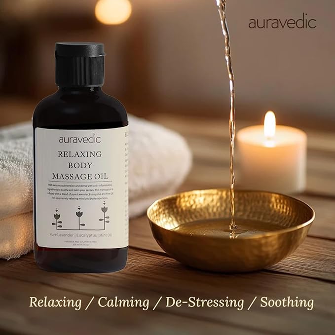 Auravedic Relaxing Body Massage Oil | Infused with Lavender, Eucalyptus & Mint | Non Greasy Body Oil for Massage Therapy, Aromatherapy, Sore Muscles & Date Night | 6.76 Fl Oz (200ml)