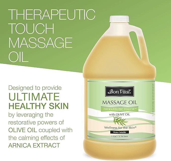 Bon Vital' Therapeutic Touch Massage Oil, 1-Gallon Bottle, Unscented Massage Oil for Massage Therapy With Olive Oil, Lightweight Non-Greasy Formula, Professional-Grade for Dry Skin and Sore Muscles
