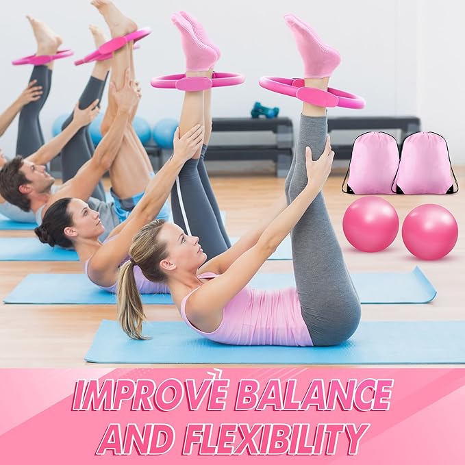 Poen 18 Pcs Home Pilates Ball and Ring Circle Set Yoga Fitness Essentials Kit with 5 Resistance Band Stretching Strap Non Slip Sock Ball Core Slider Wristband Headband Gym Bag for Women