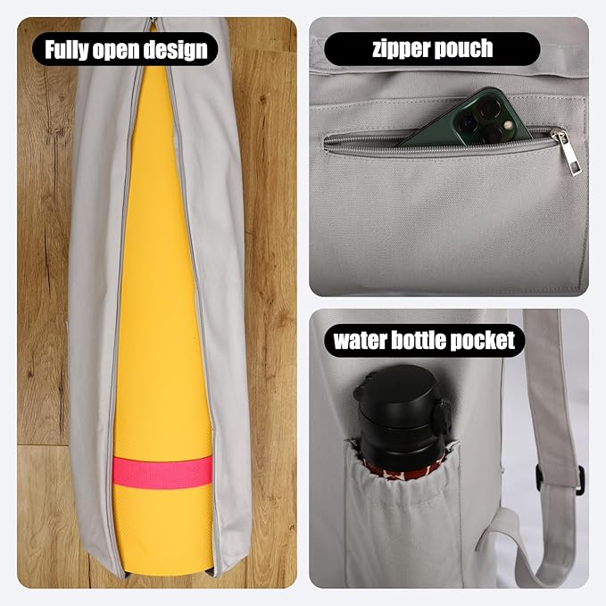 Cotton yoga mat bag with Pockets and Adjustable Strap - Full Zip Cargo Yoga Mat Carrier Bag - Bag for 1/4" 1/3" Thick Yoga Mat