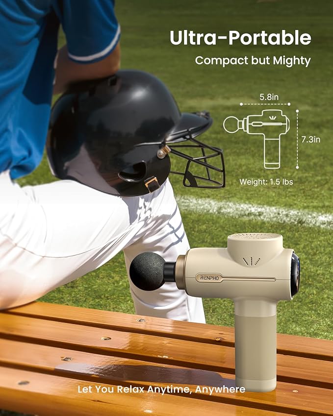 RENPHO Active Massage Gun, Deep Tissue Percussion Massager for Back and Neck, Portable Handheld Massager with 5 Speeds, 5 Attachments, Carry Case, Beige