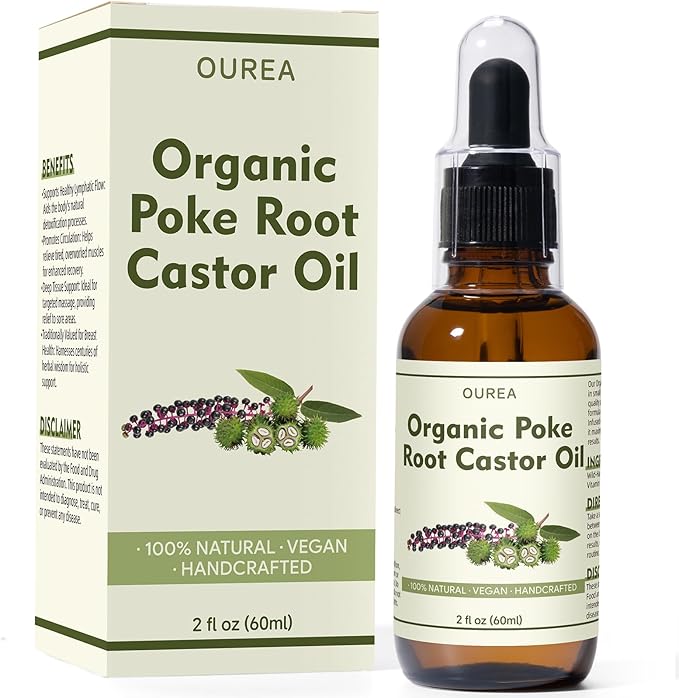 Poke Root Castor Oil Organic - 2 Fl Oz (60ML) - Lymphatic Support Massage Liquid, Natural Deep Tissue Relief Drops for Boils, Fibroids, Cysts, Swollen Lymph Nodes, Breast & Joint Health