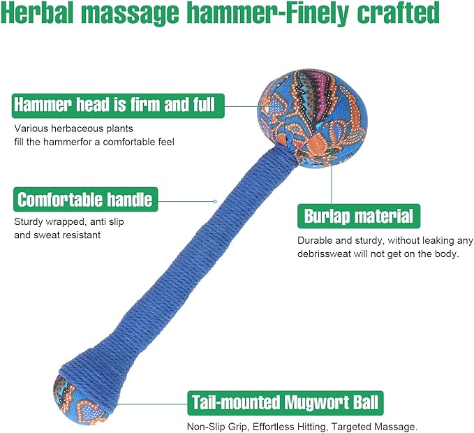 2PCS Herbal Wormwood Lymphatic Drainage Anti Slip Manual Massage Hammer Longer Handle Back Massager for Shoulder, Neck & Muscle Pain Relief (Rose Red/Dark Blue)