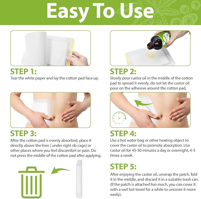 30 Pcs Castor Oil Patches with Castor Oil Organic Cold Pressed Unrefined Glass Bottle(3.5oz),Cotton Caster Oil Pack Wrap for Waist Back Neck Arm Belly,Self-Adhesive Disposable for Convenient Use