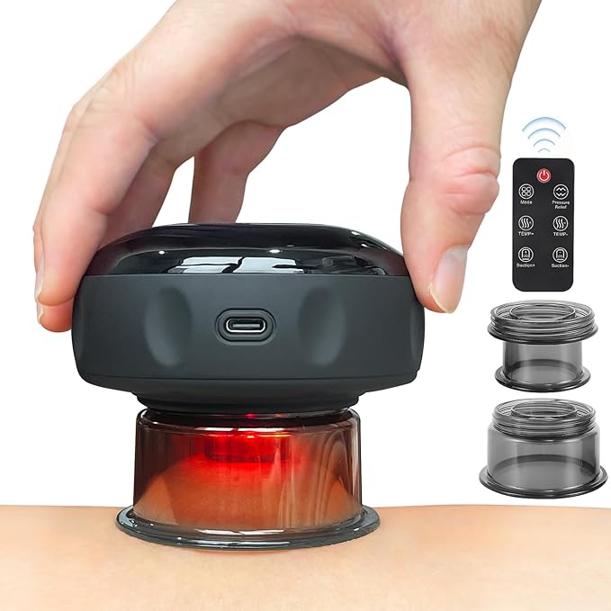 Becommend 5-in-1 Remote Cupping Kit for Massage Therapy with 20-Level Suction & Heat, Red Light – Cupping Set with 2 Replaceable Cups for Back Pain, Knots, Soreness Relief (Black)