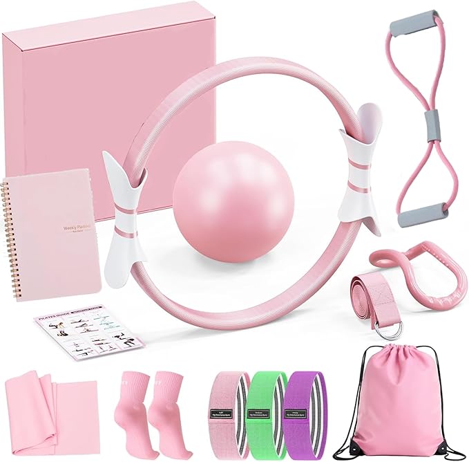Pilates Ring Set for Women, Home Workout Pilates Equipment with Resistance Bands, 14'' Magic Circle, Mini Ball, Pilates Starter Kit for Strength, Compact Toning Fitness Workout Guide Included