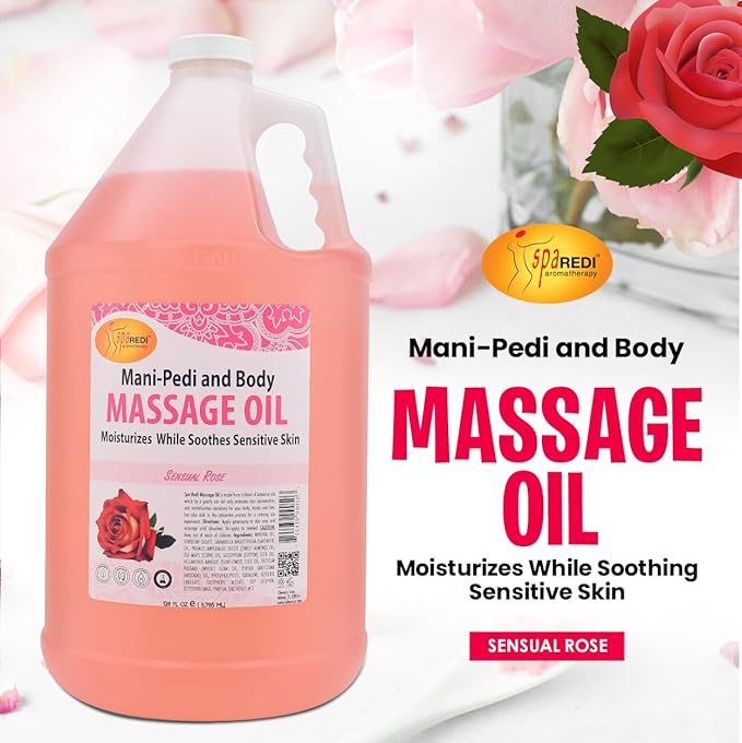 SPA REDI - Sensual Rose Massage Oil, 128 Oz - Professional Pedicure, Manicure & Full Body Therapy, Blend of Almond, Cotton Seed, Sunflower & Avocado Oils, Infused with Essential Oils & Vitamin E