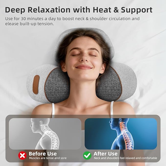 3-in-1 Neck Massager Pillow with Heat, Massage & Stretcher, Traction Massager for Neck Hump, Shoulder & Muscle Relaxation, Pain Relief & Cervical Support, Ideal Gift for Women & Men