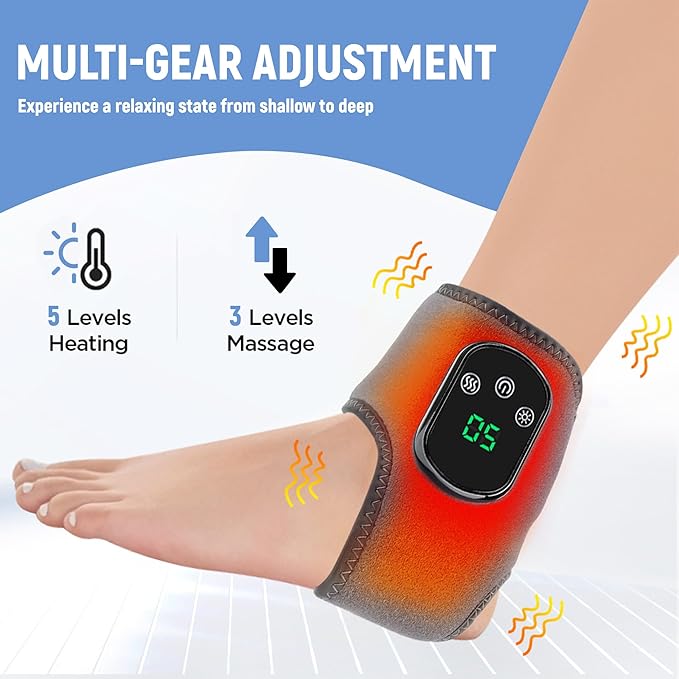 Rechargeable Ankle & Foot Massager with Adjustable Heat Therapy – 5-Temp Infrared, 3-Level Vibration for Pain Relief & Relaxation